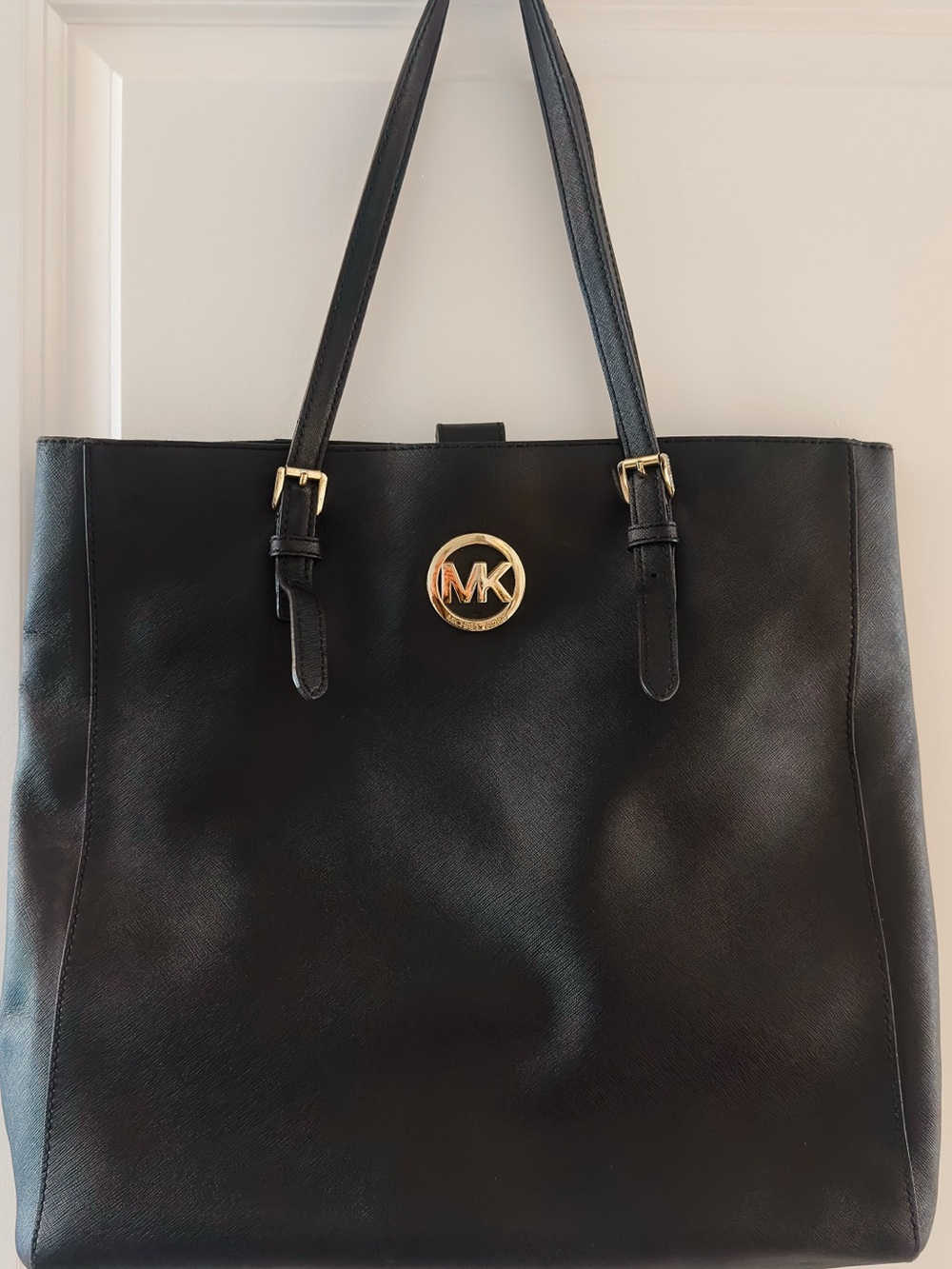 Michael Kors Jet Set Travel Black Saffiano Leather Tote Bag with Gold MK Emblem